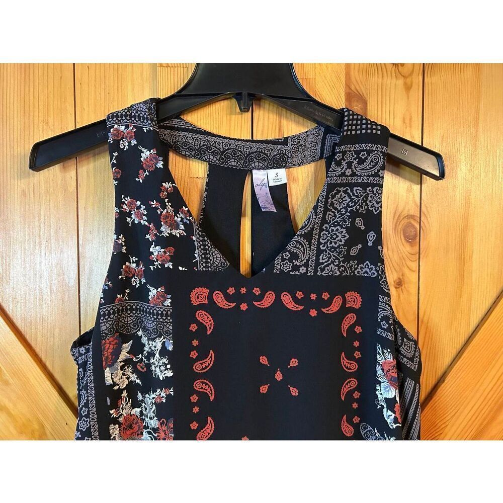 Alya Women’s Floral Geometric Paisley Dress Black Patchwork Size Small (8685)